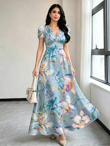Modelyn Women's Floral Pattern Overlap V-Neck Short Puff Sleeve Elegant Long Dress - Multicolor - View 3