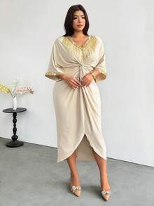 Firerie Plus Size Fashion Sequin Tassel Decor Twisted Knot Dress Elegant Wedding Guest Dress For Women Elegant Going Out Dress For Women Elegant Party Dress - Apricot - View 5