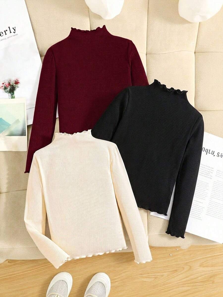 青少年女孩 3件組休閒百搭純色羅紋荷葉邊假領 T-shirt - 彩色 - 查看 1