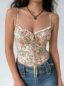 Cévolie Plus Size French Floral Cami Top, Lace Trim Ruched Front Slim Fit Corset Style Spaghetti Strap Blous - Multicolor - View 7