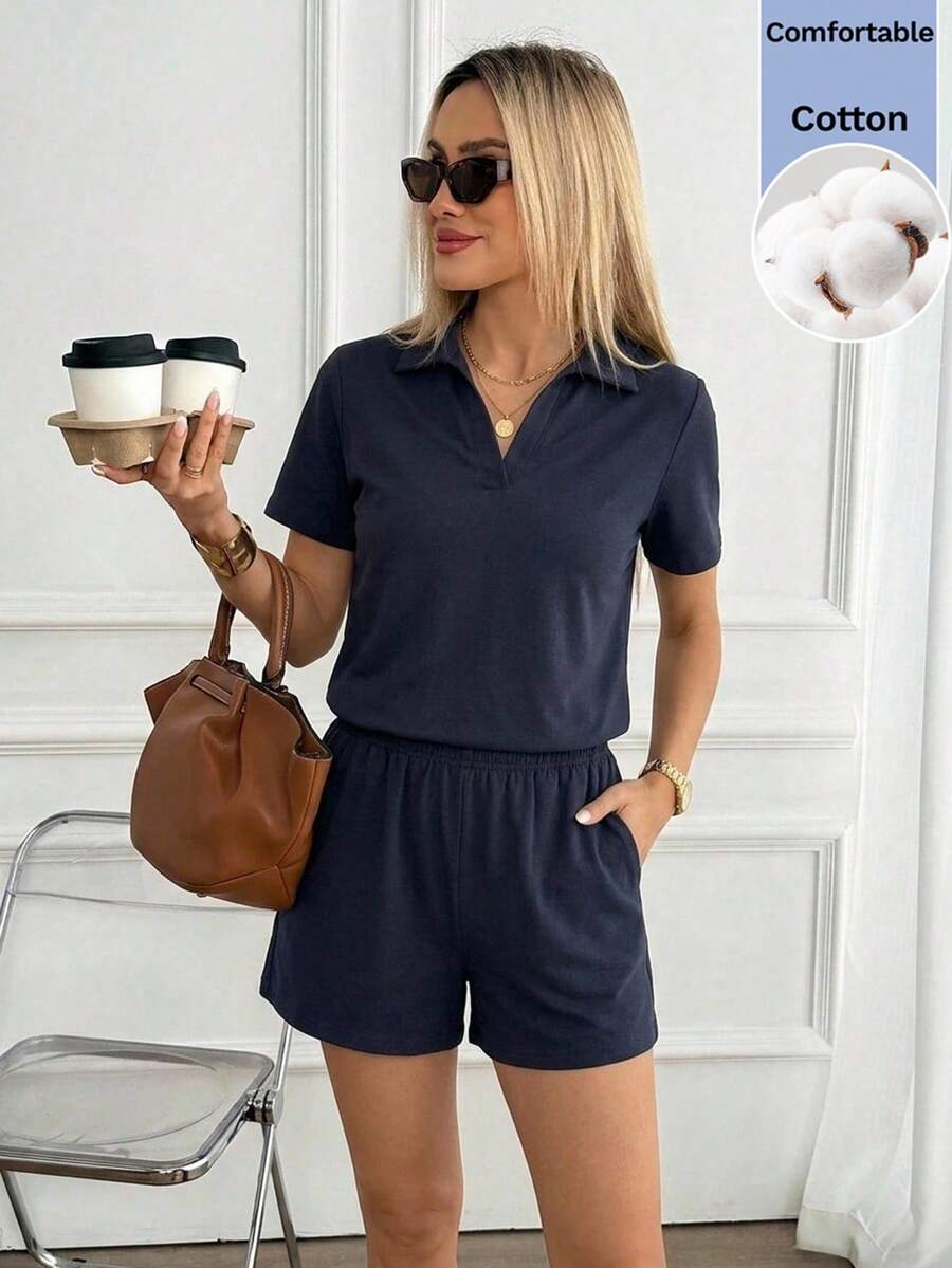 Easowa Women's Solid Color Short Sleeve Top And Shorts Casual Sexy Daily Travel Golf 2 Pieces Set Cotton Is Comfortable Lounge Pastal Summer Navy Blue - Navy Blue - View 1
