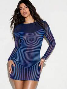 KIZN Wave Print Mesh Yoke Long Sleeve Bodycon Mini Dress Club Night Out Party - Blue - View 5