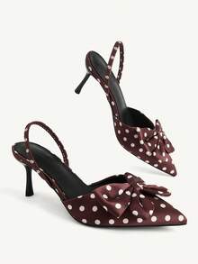 CUCCOO CHICEST Ladies Shoes Satin Polka Dot Bow Ladies Pointed Heels Back Empty Ankle Strap Dark Brown Elegant Fashion Banquet Commuter Party Fall Shoes - dark brown - View 4
