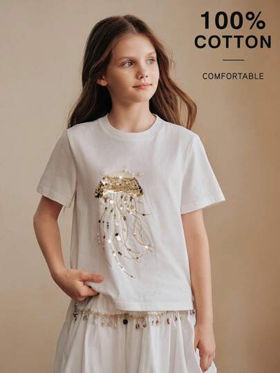 Anewsta Spring/Summer Girls Solid Color Embroidered Sequin Jellyfish Pattern Round Neck Versatile 100 Pure Cotton Comfortable T-Shirt Birthday White