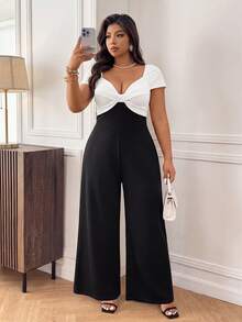 Femmeverse Women's Black And White Patchwork Deep V-Neck Evening Gown, White Twisted Design On Chest, Wide Leg Long Jumpsuit Party Going Out Summer Elegant - Black and White - View 4