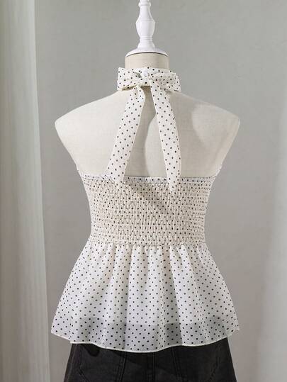 SHEIN Sparklyn Tween Girls Girls' Classic Elegant French Style Woven Fabric Polka Dot Halter Neck Blouse, Slim Fit Comfortable, Daily Commute, Outdoor Play, Outings,