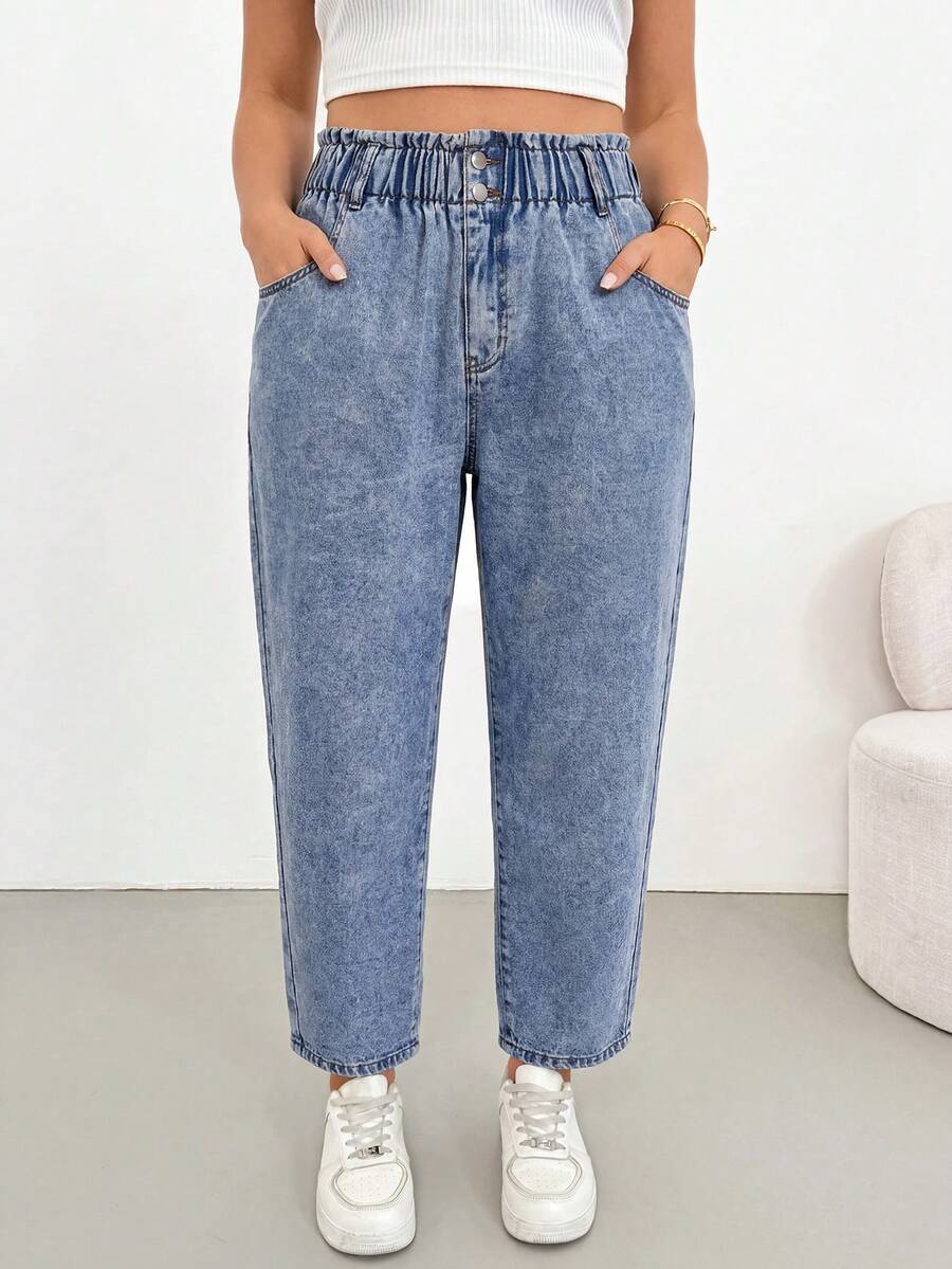 Solflare Plus Size Casual Washed Tapered Jeans - Blue - View 1
