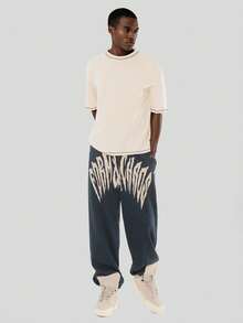 FORM&CHAOS Men's Autumn Navy Blue Loose Sweatpants Street Print Long Pants - Navy Blue - View 3