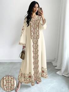 SHEIN Najma 女士花卉植物数码印花V领长袖优雅阿拉伯风格长款连衣裙，春秋季 - 彩色 - 查看 1
