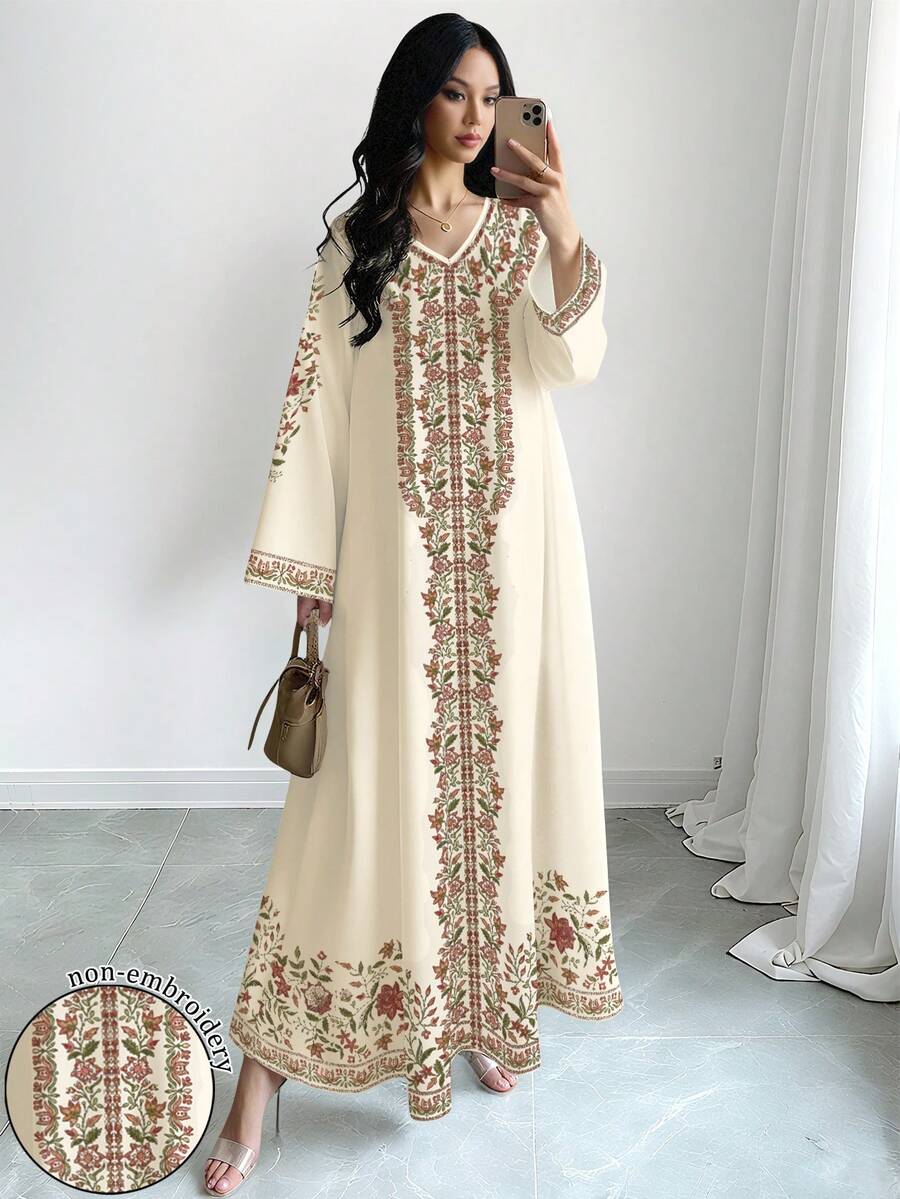SHEIN Najma 女士花卉植物数码印花V领长袖优雅阿拉伯风格长款连衣裙,春秋季 - 彩色 - 查看 1