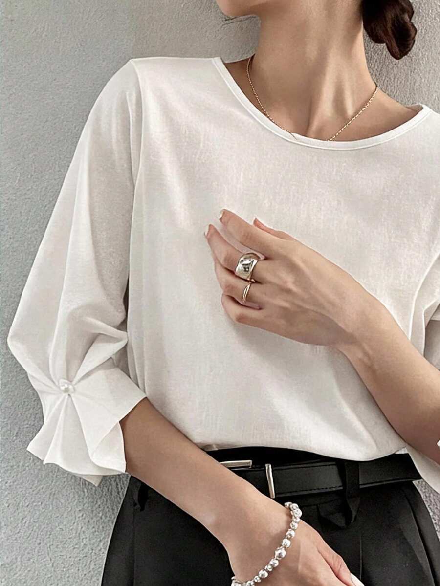 FRIFUL 女款純棉圓領短袖袖口鈕扣素色T恤 - 白色 - 查看 1