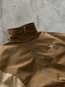 AXEPEAK Men's Embroidered Contrast Color Zipper Placket Long Sleeve Versatile Jacket - Brown - View 5
