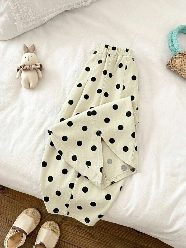 SHEIN Young Girl Young Girls' Y2k Casual Soft Cute Cotton Polka Dot Apricot Denim Loose Pants,Fall/Winter,Girls Back-To-School And Dailywear Outfit,Toddler Jeans - Apricot - View 4