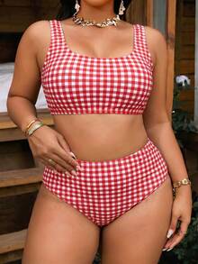 SHEIN Swim Curve 大尺碼女款黑白格紋兩件式時尚休閒度假泳衣套裝 - 紅白色 - 查看 3