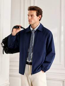 Officeau Jaket Kerja Pria Warna Biru Tua Klasik Ringan dengan Resleting Penuh dan Kerah, Cocok untuk Acara Bisnis/Kantor Formal, Hadiah untuk Ayah/Suami - Navy Blue - View 4