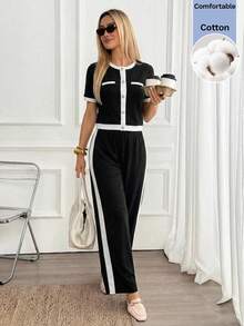 Easowa Women's Elegant Contrast Color Trim Top And Pants 2 Pieces Set, Summer Everyday Black And White Cotton Is Comfortable Formal - Black and White - View 1