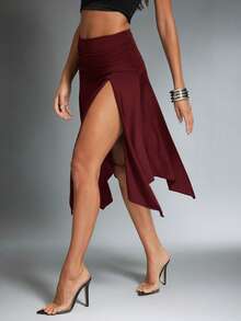 Denimoi High Slit Asymmetrical Skirt Vacation Outfits European Summer Ibiza Sexy Skirts - Burgundy - View 3