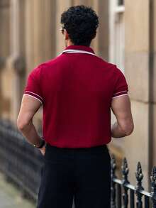 YOUESAWY YOUESAWY European & American Style Men's Casual Contrast Color Polo Shirt With Turndown Collar And Buttons, Short Sleeve, Summer - Burgundy - View 2