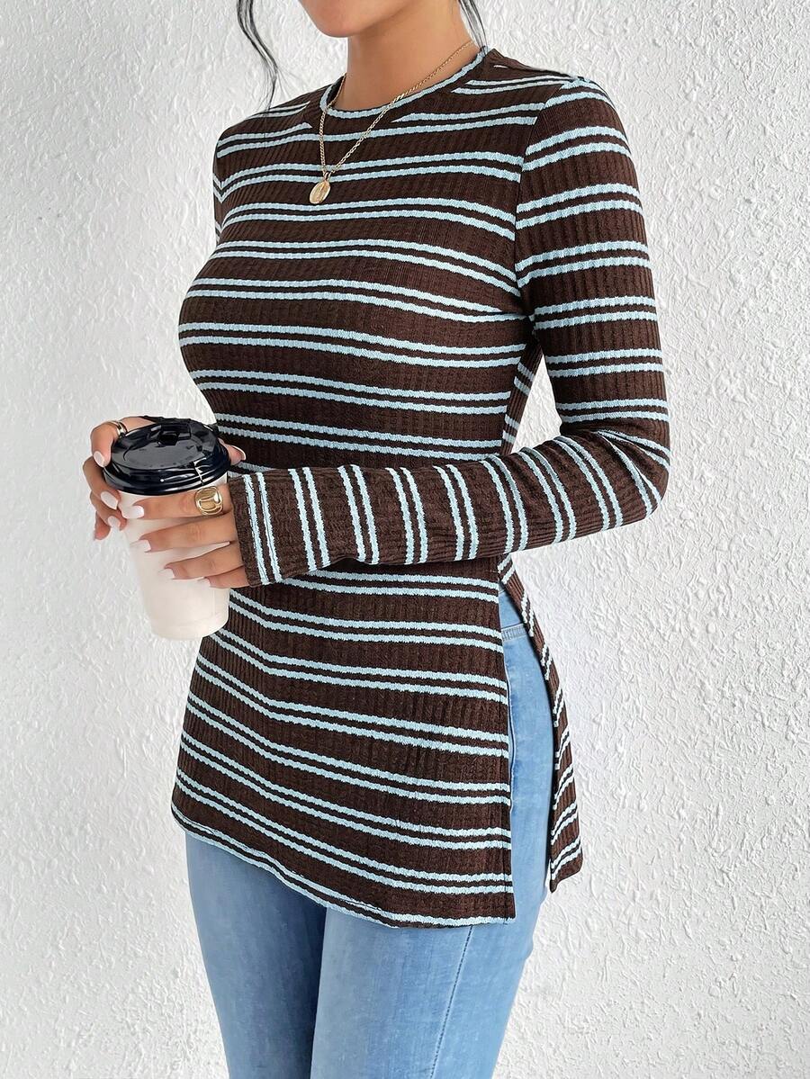 SHEIN Frenchy Solid Split Grain Fabric Round Neck Hem Ribbed Knit Tee - Multicolor - View 1