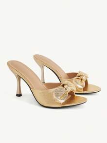 CUCCOO CHICEST Spring And Summer New Retro Gold Bow Stiletto Women's Sandals Open-Toed Mules Slippers Commuter Dating Party Versatile High Heels Women's Shoes - Gold - View 4