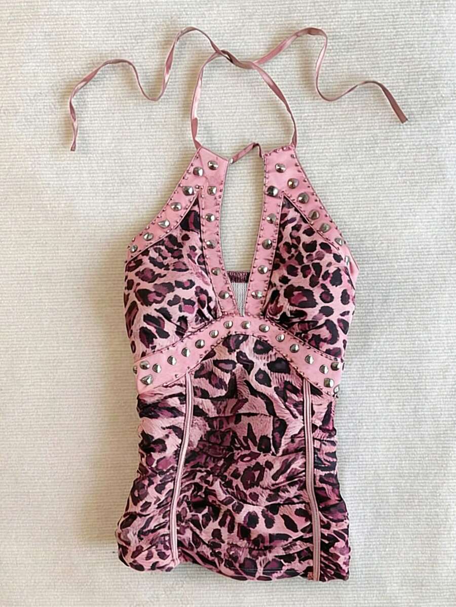 IslaSuriya Top de verano vintage con estampado de leopardo y cuello halter, top para mujer con decoración de strass y remaches metálicos - Rosa - Ver 1