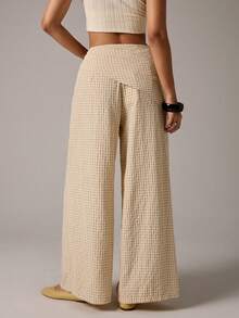 Athîral Women's Plaid Side Waist Tie Wide Leg Loose Casual Long Pants - Apricot - View 2