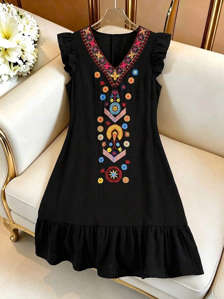 Linhara Große Größen Vielseitiges besticktes Kleid mit Flügelärmel für Damen - Schwarz - Übersicht 1