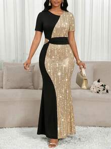 SHEIN Lady Plus Size Rhinestone Decor Sequin Mermaid Dress For Women,Elegant Black Winter Formal Evening Formal Long Dress For Wedding Guest Party Graduation - Multicolor - View 5