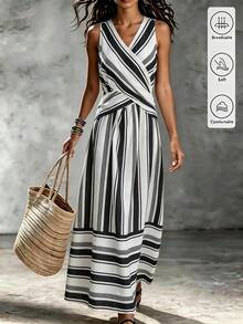 SHEIN Holidaya Women's Casual Coastal Vacation Striped Dress, Summer Versatile, Hem Slit, Textured Fabric Print, Daily, Christmas New Year Outfit, Beach Outfit - Multicolor - View 1