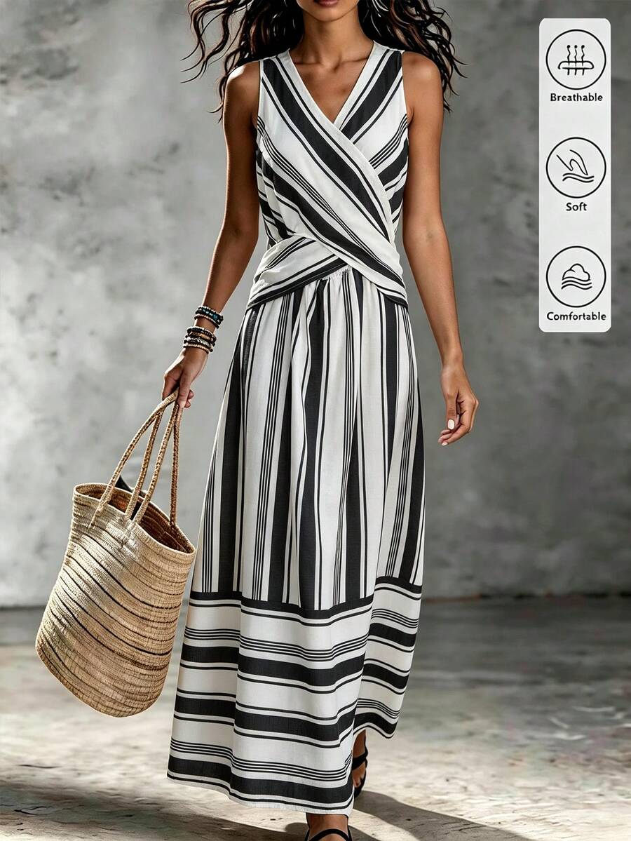 SHEIN Holidaya Women's Casual Coastal Vacation Striped Dress, Summer Versatile, Hem Slit, Textured Fabric Print, Daily, Christmas New Year Outfit, Beach Outfit - Multicolor - View 1