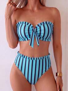 Swim Mod Spring/Summer Hot-Selling Beach Ditsy Floral 2 Pieces Ruffle Bandeau Set - Multicolor - View 1