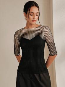 Anewsta French Style Spring/Summer Elegant Sophisticated Sexy Hollow Mesh Fitted Knit Top T-Shirt - Black - View 4