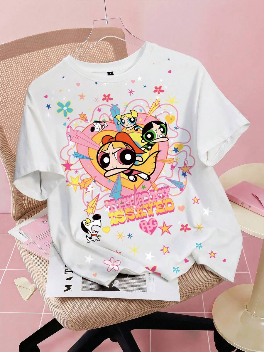THE POWERPUFF GIRLS X SHEIN Women's Summer Casual Cartoon Print T-Shirt - White - View 1