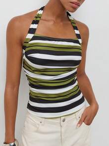 Maija Women's Black And White Striped Checkered Slim Fit Casual Tropical Coastal Sexy European Halter Neck Tank Top Going Out Vacation Beach Summer - Green - View 6