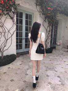 SHEIN MOD Jacquard Square Neck Puff Sleeve Corset Structure Dress - White - View 3