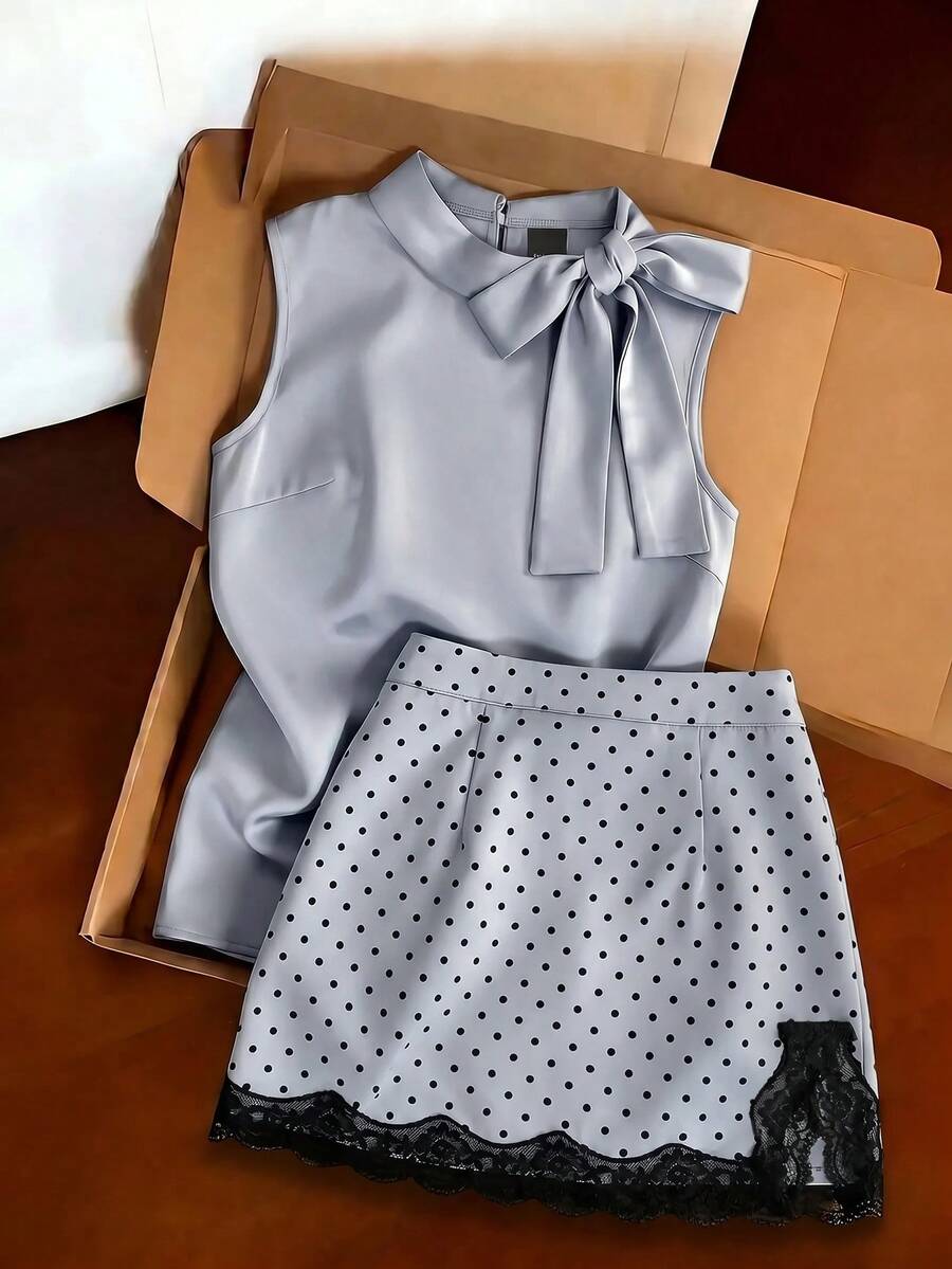 SHEIN Clasi Set Atasan Tanpa Lengan dengan Tali Pita dan Rok Belahan Motif Polkadot, Cocok untuk Pemakaian Sehari-hari - Grey - View 1