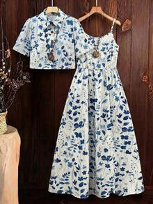 SHEIN Clasi Damen bedrucktes Kleid und Hemd 2 Stücke Set - Babyblau - Übersicht 1
