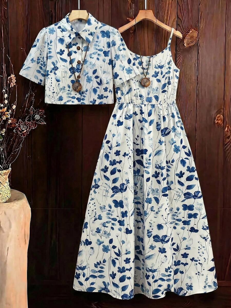 SHEIN Clasi Damen bedrucktes Kleid und Hemd 2 Stücke Set - Babyblau - Übersicht 1