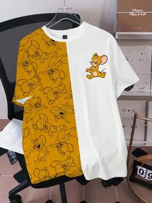 TOM & JERRY X SHEIN 男士夏季休閒拼色拼接卡通印花T恤 - 白色 - 查看 1