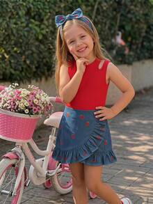 Emery Rose Kids Emery Rose Kids 女童純色圓領鏤空設計背心上衣與草莓圖案荷葉邊裙擺套裝 - 紅色 - 查看 4