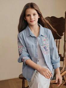Anewsta New Girls' Luxurious Heavy Embroidery Casual Vacation Blue Shirt, Summer Promotion - Blue - View 2