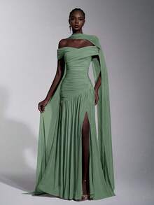 Elitara Elegant Minimalist Chic Off-Shoulder Ruched Asymmetric A-Line High Slit Dress, Suitable For Weddings, Formal Events, Galas, And Cocktail Parties - Green - View 1
