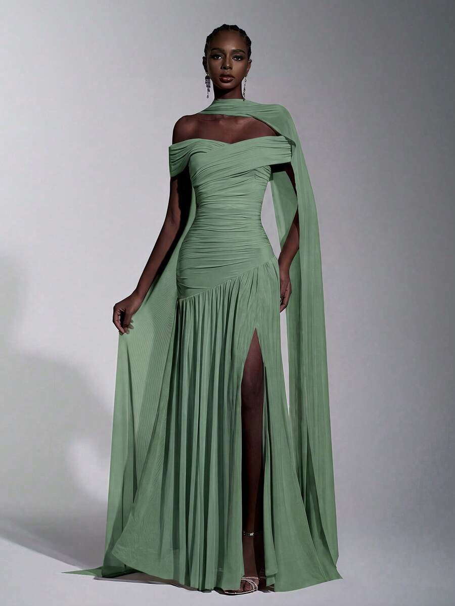 Elitara Elegant Minimalist Chic Off-Shoulder Ruched Asymmetric A-Line High Slit Dress, Suitable For Weddings, Formal Events, Galas, And Cocktail Parties - Green - View 1