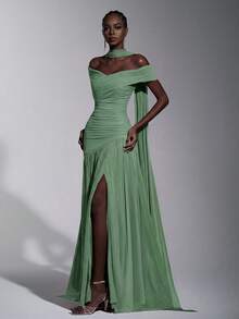 Elitara Elegant Minimalist Chic Off-Shoulder Ruched Asymmetric A-Line High Slit Dress, Suitable For Weddings, Formal Events, Galas, And Cocktail Parties - Green - View 5