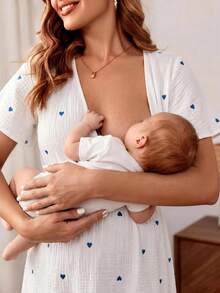 Boho Mama 哺乳V领爱心印花休闲短袖连衣裙 - 白色 - 查看 3