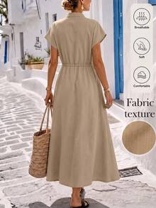 Isle Nomé Women's Spring/Summer Casual Short Sleeve Waist-Cinching Solid Color Long Dress Suitable For Daily Commute And Outings - Khaki - View 2