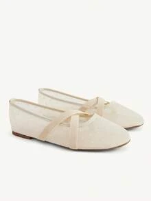 CUCCOO CHICEST 女款網格波點舒適透氣復古瑪麗珍平底鞋，日常通勤百搭舒適女鞋 - 黃色 - 查看 2