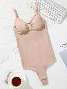 SHEIN 杏色纯色高弹力休闲舒适丁字裤紧身衣女式露背长款塑身内衣 - 杏色 - 查看 3
