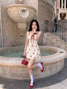 Skyraze Cherry Blossom Print Ruched Bust Cami Dress, Spring, Tea Party Vacation Women, Summer Outfits, Carnival Costume, Beach, Cute Cottagecore, Off-White - Multicolor - View 4