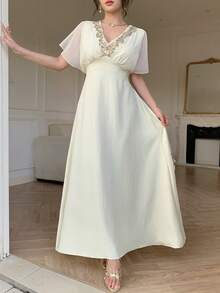 Celisse V-Neck Embroidered Lace Rhinestone Studded Elegant Romantic Long Dress For Women Wedding Dinner Cocktail Off White Summer - Apricot - View 5